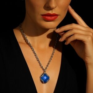 VINTAGE GIVENCHY SILVER TONE NECKLACE BLUE GLASS PENDANT WITH CRYSTALS